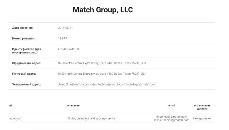 Роскомнадзор внёс Tinder в реестр 